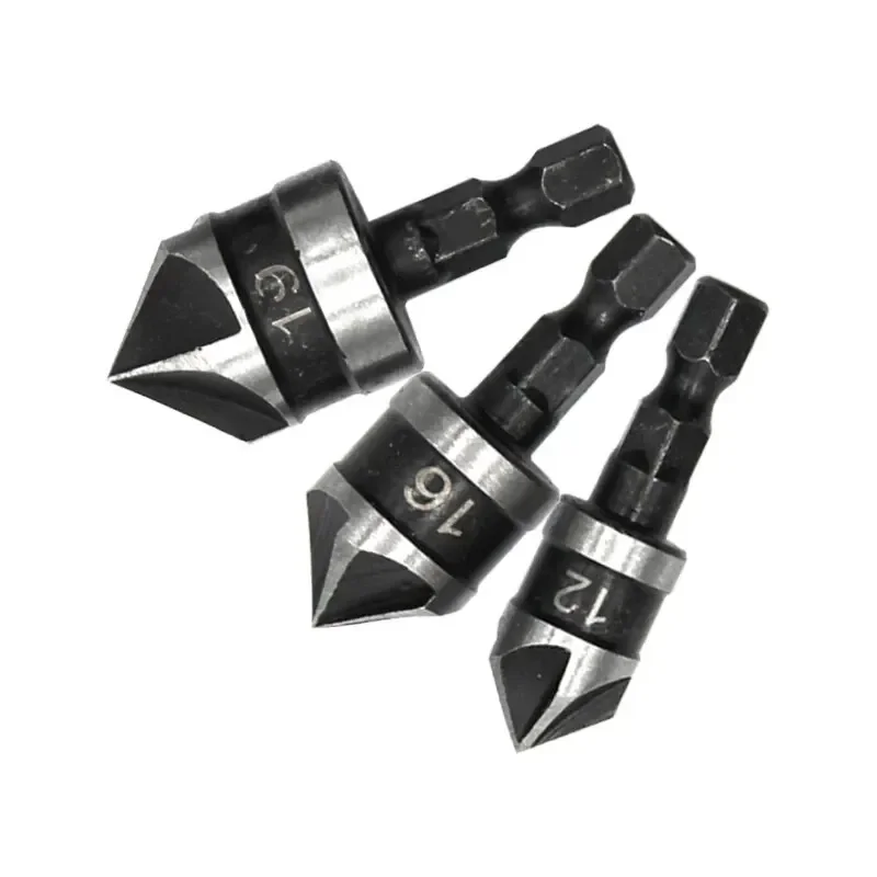 3PC Hexagonal Shank 90 Degree Black Five Blade Chamferer 12/16/19mm Countersink Drill Woodworking Hole Opener Tool Set
