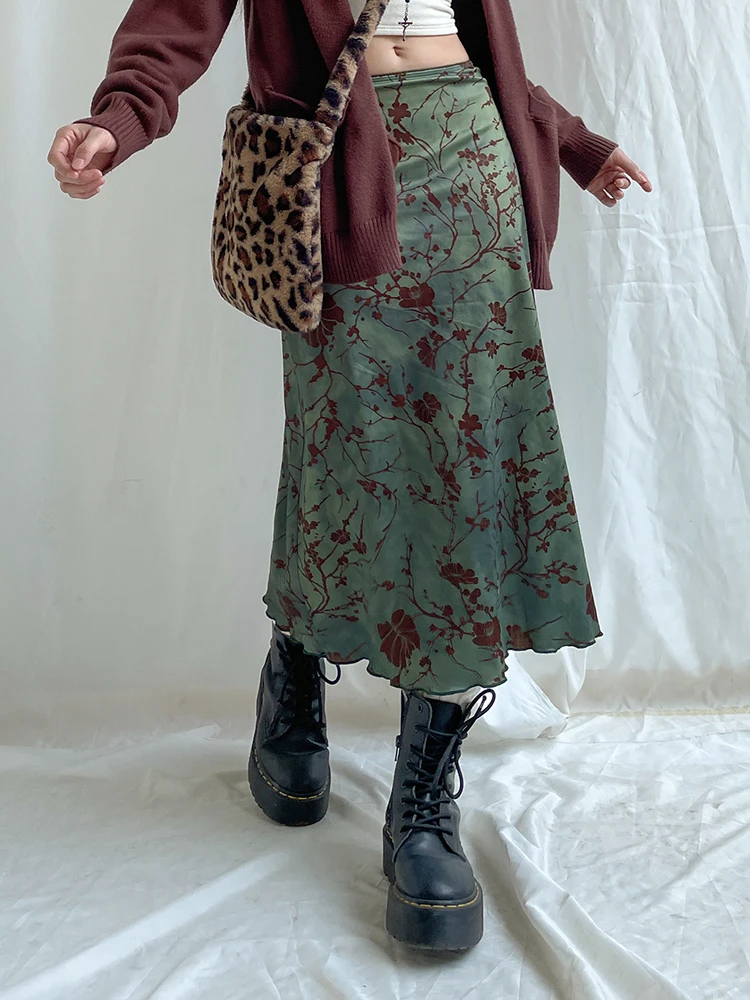 SUCHCUTE y2k Vintage Stampa Floreale Midi Gonne Donna Harajuku Fairycore Verde Dritto Maxi Gonna Estetica Dolce Vestiti Della Ragazza
