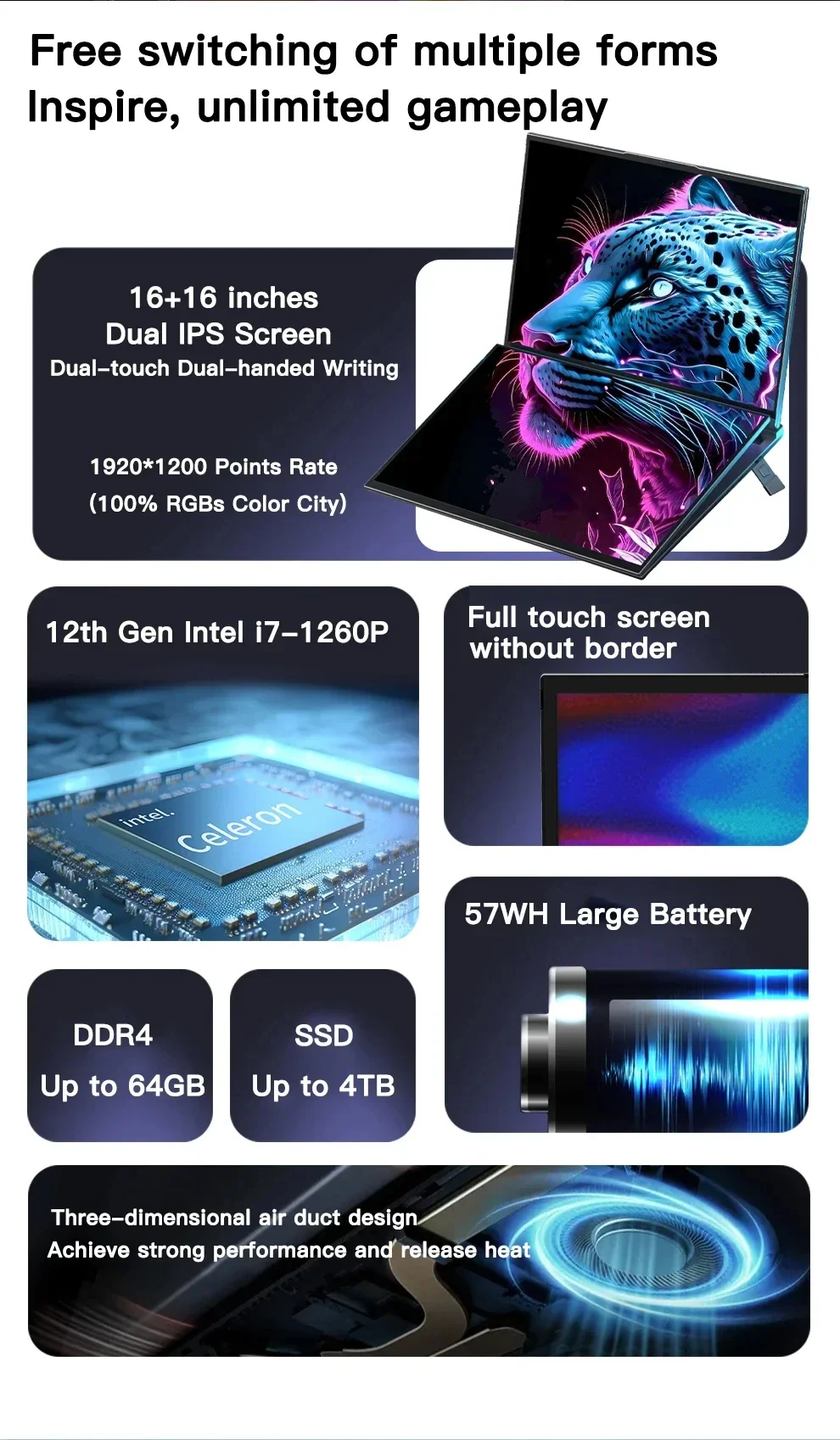 Portátil de pantalla dual de 16 + 16 pulgadas Intel i7-1360P Windows 11 2 * DDR4 MAX 64GB M.2 2280 2TB SSD WIFI