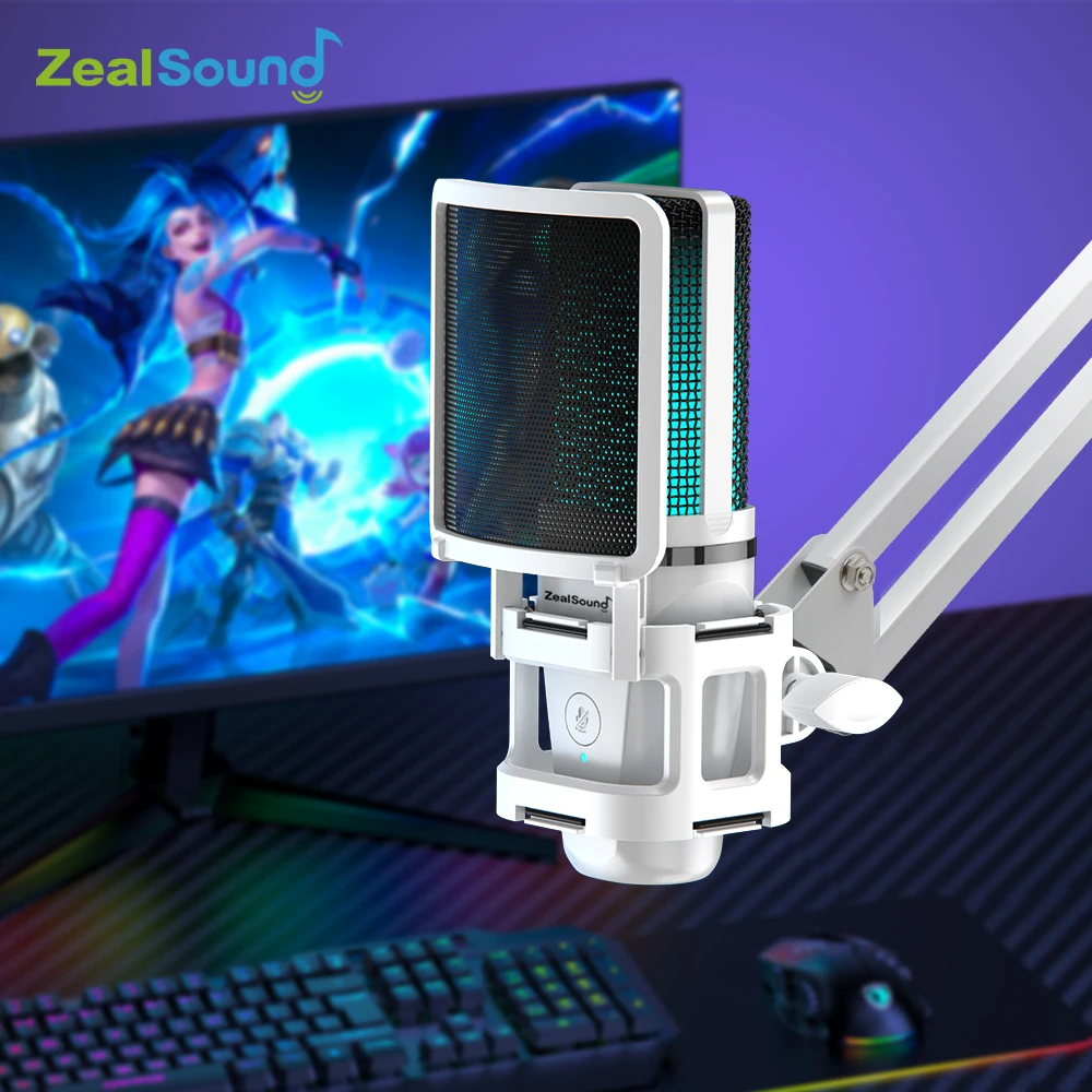 Zealsound RGB-USB-Gaming-Mikrofon mit Gelenkarm, weißes Computer-Kondensatormikrofon für PC, Mac, Aufnahme, Podcasting, Streaming