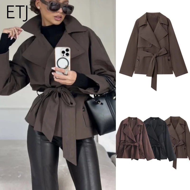 Etj outono 2025 nova coleção feminina estilo britânico lapela trespassado maillard cor cinto casual trench coat