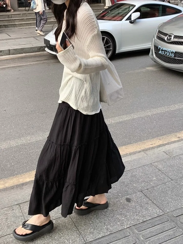 Princ Sle Pleated f Skirt Women's Midi Skirt Flared Gored Skirts Korean Sle White Cake Skirt Spring Summer