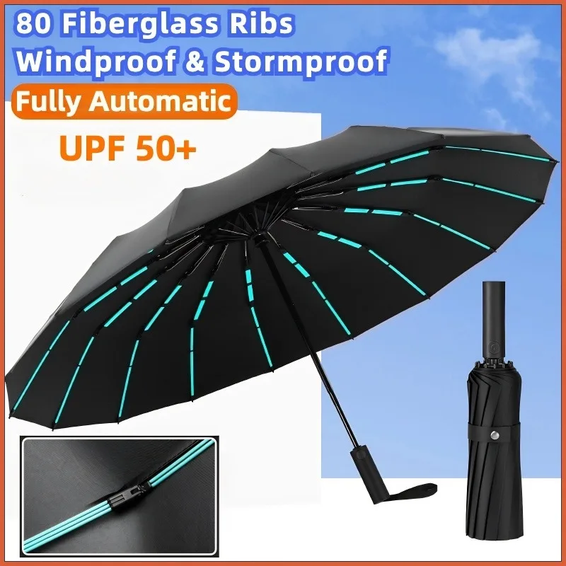 Paraguas automático a prueba de viento 80 costillas de fibra de vidrio reforzadas, resistente a la tormenta UV 50+ para hombres y mujeres, paraguas plegables compactos para la lluvia y el sol
