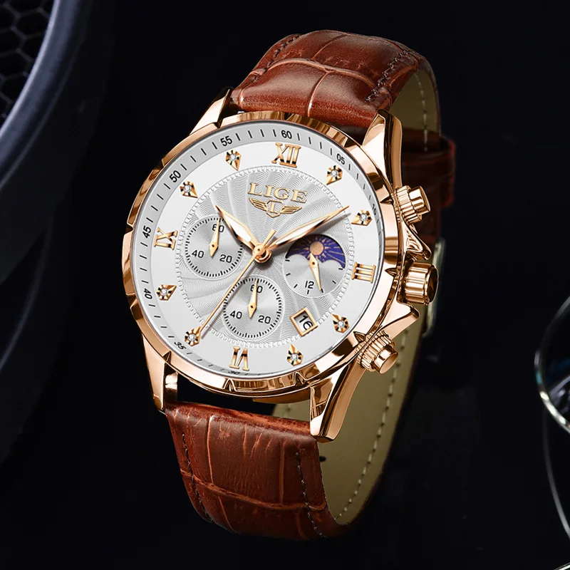 Relojes LIGE para hombre, reloj de negocios informal, reloj de pulsera con cronógrafo luminoso y resistente al agua de lujo para hombre, reloj de cuarzo, reloj de cuero