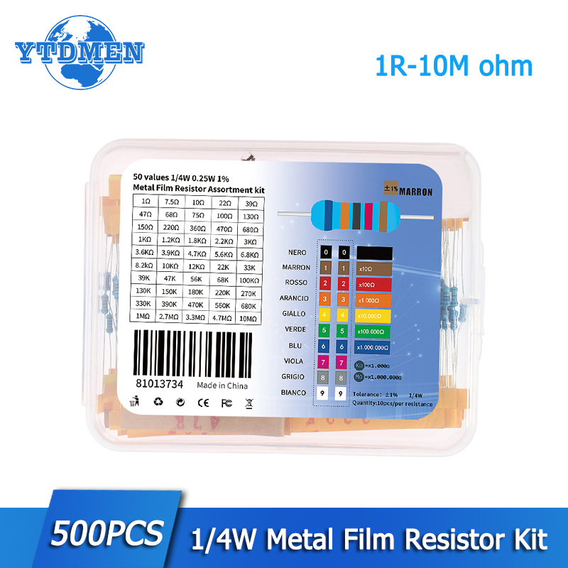 Kit surtido de resistencias de película metálica, 500/2500 Uds., 1/4W 1% 1R ~ 10M ohm, Kit electrónico Diy de resistencia
