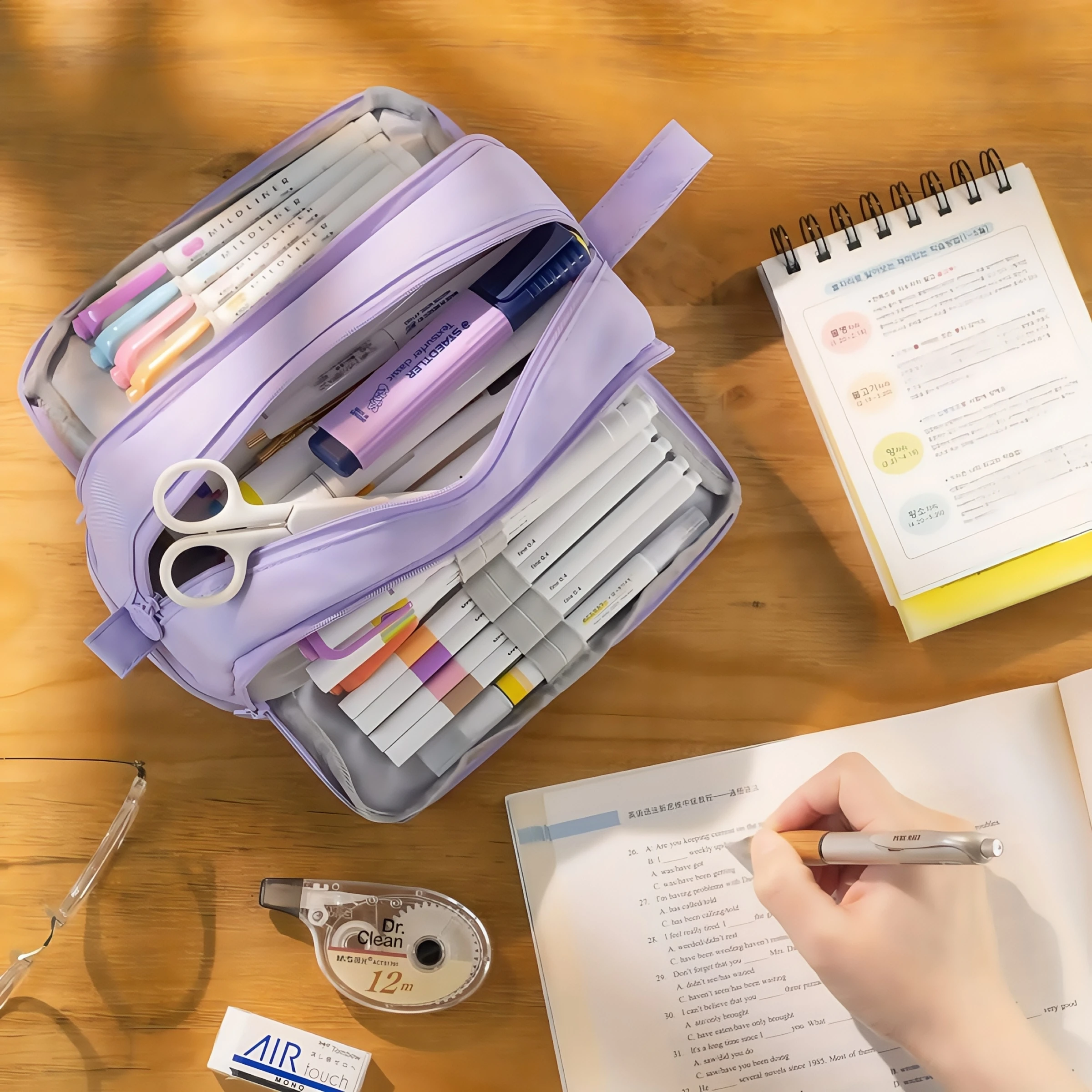 Astuccio di grande capacità, semplice scatola di cancelleria in tinta unita, astuccio multifunzionale a doppio strato, materiale scolastico per studenti