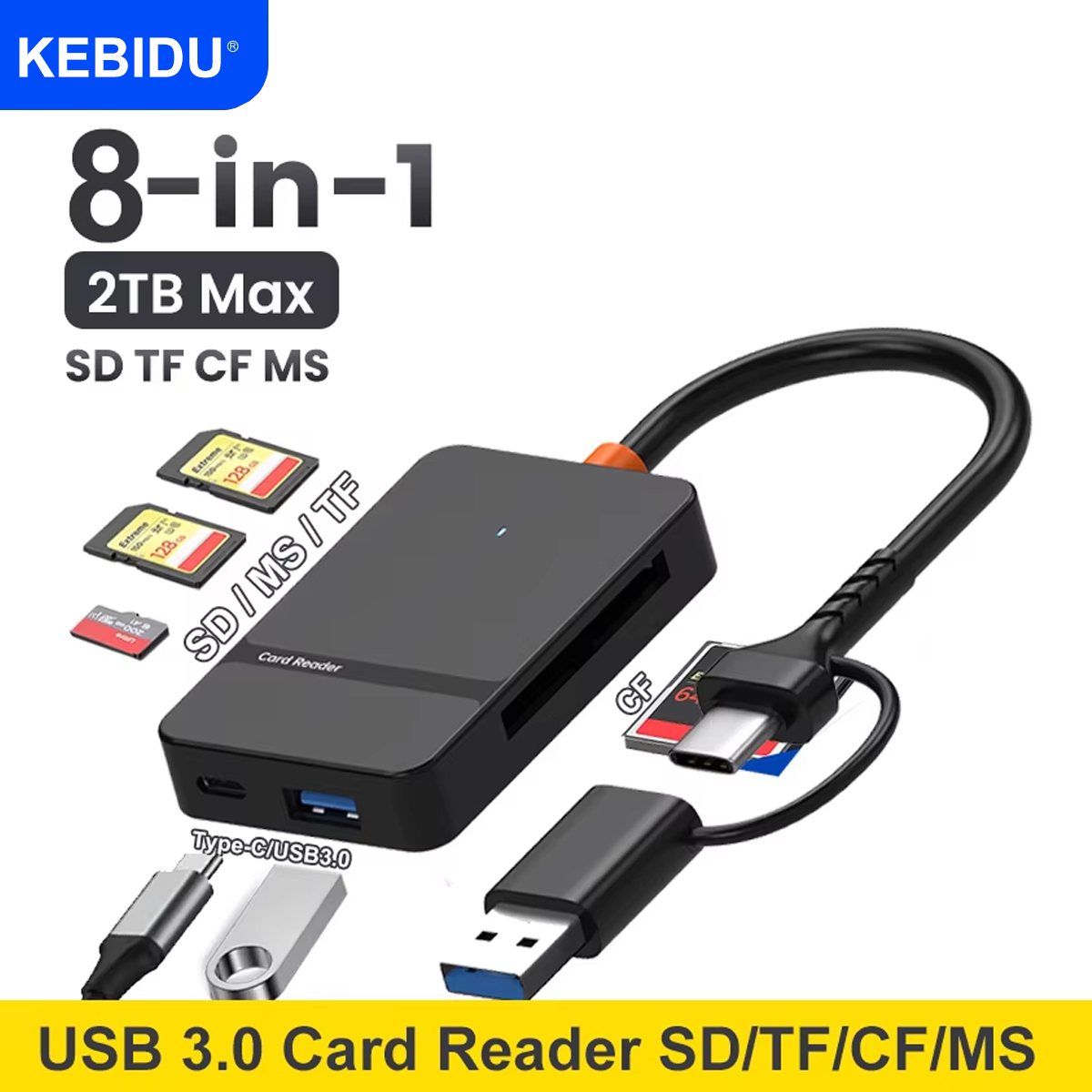 Leitor de cartão USB 3.0 SD Micro SD TF CF MS Adaptador de cartão flash compacto para laptop PC Leitor de cartão múltiplo 8 em 1 Leitor de cartão inteligente