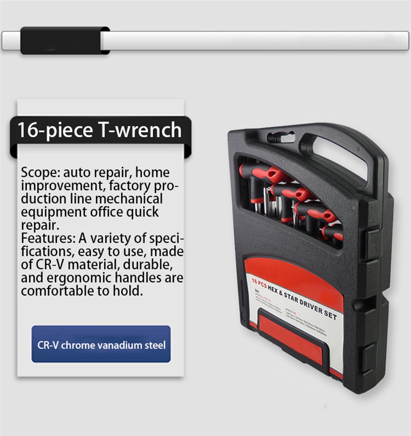 Set kunci pas pegangan T, Set peralatan reparasi tangan bintang pegangan T & Kunci L Hex ujung bola pegangan T 16 buah