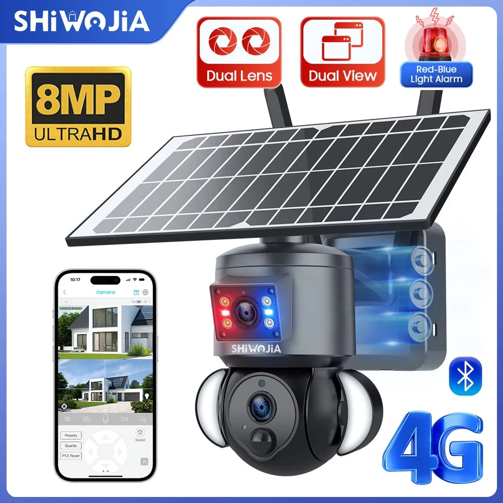 SHIWOJIA 4K 8MP cámara Solar 4G SIM/WIFI seguridad exterior doble lente grabación humanoide seguimiento Color visión nocturna cámara PTZ