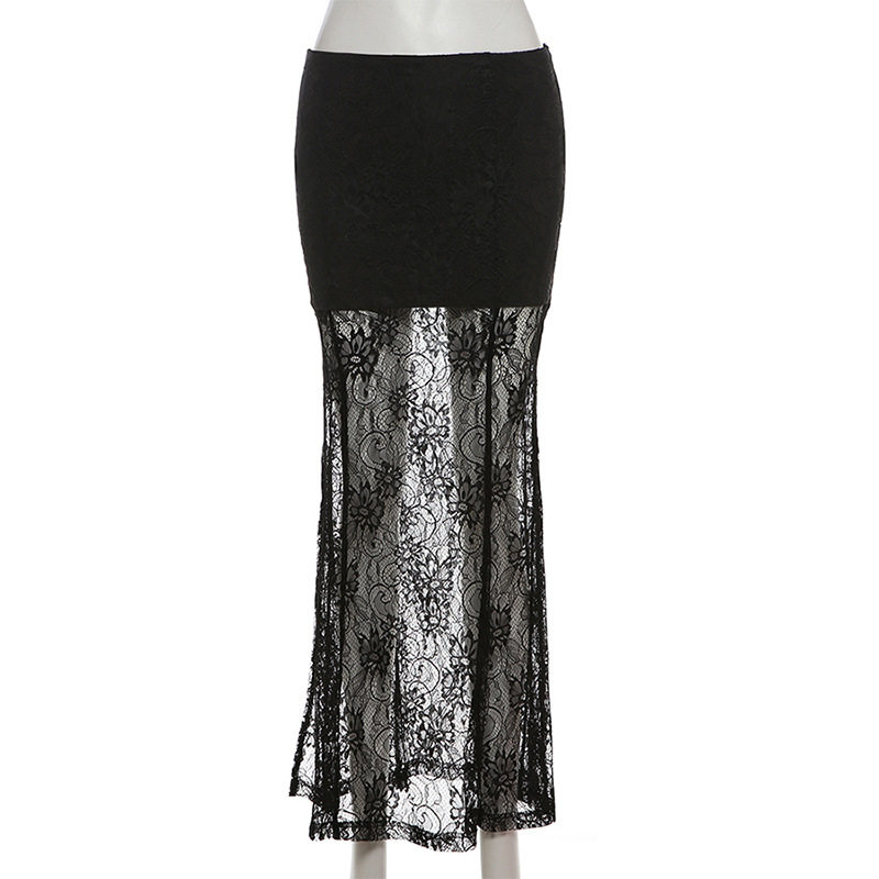 Falda larga gótica de encaje oscuro con diseño de telas combinadas, faldas ajustadas de cintura alta para centro comercial, ropa técnica elegante con dobladillo transparente y parte inferior dividida