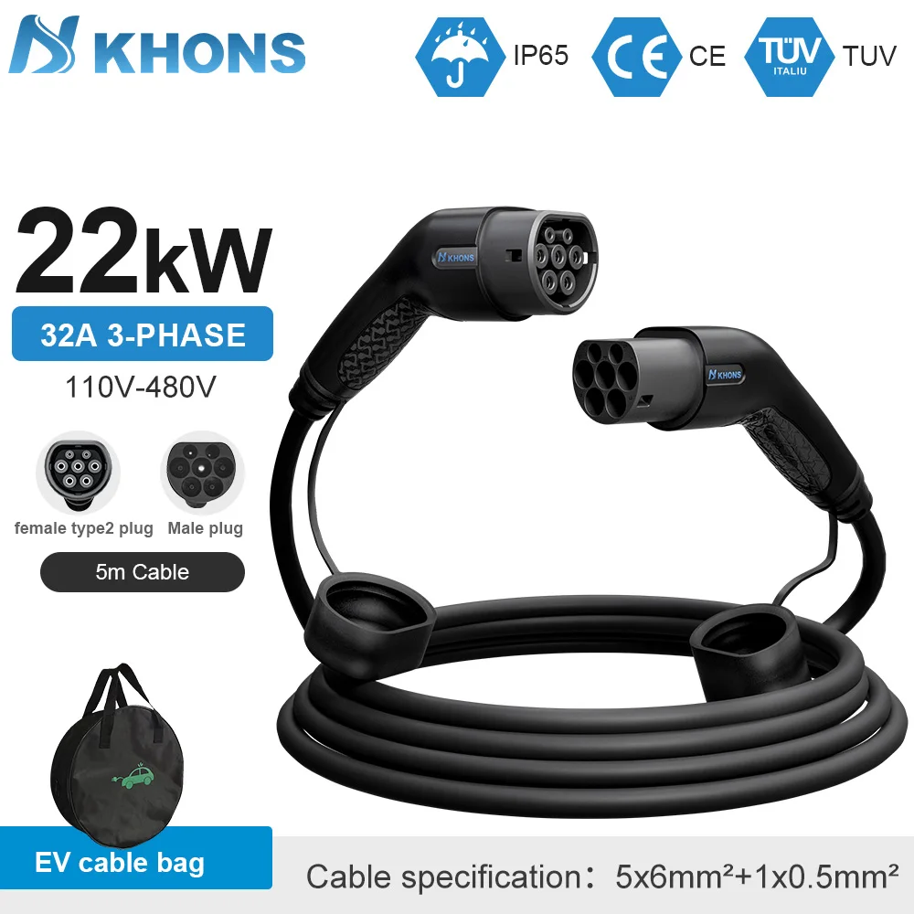Cable de carga Khons Type2 a Type2 Ev, trifásico, 32A, enchufe hembra a macho, Cable de 5M, 22kw, IEC62196-2, estaciones de carga EVES