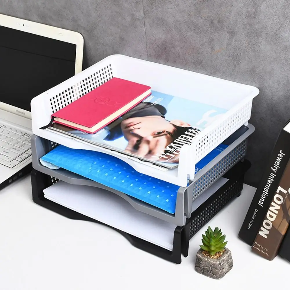 File Box Desktop A4 Document Organizer Stackable Laminated Plastic Papers Rack Storage Tray for Home Office