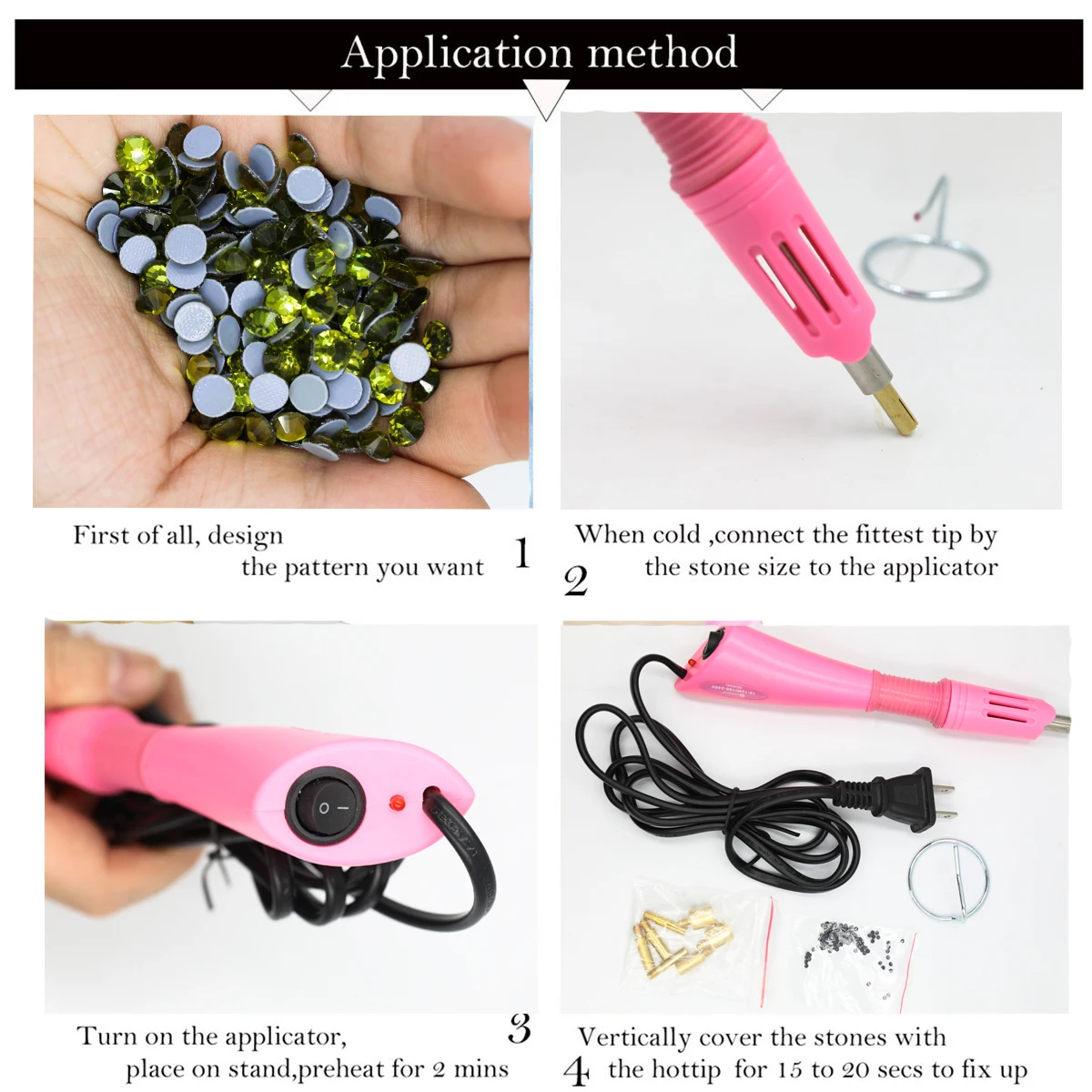 Fast Heated Hotfix Rhinestones EU/US Applicator Iron-on Wand ความร้อน-fix เครื่องมือปืนขนาดผสม Hot Fix Rhinestones แก้วเพชร