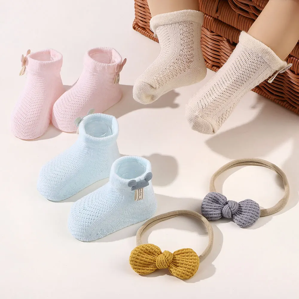 Juego de calcetines suaves para bebé, Diadema de algodón sólido, calcetines transpirables con lazos bonitos, accesorios de ropa para niña pequeña de 0 a 1 año