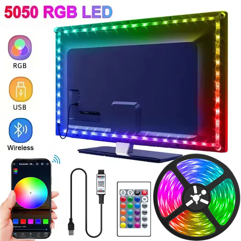 Tira de Luces Led RGB USB 5V sincronización de música RGB 5050 Luces Led cinta de lámpara flexible para retroiluminación de TV decoración de habitación 1m-30m