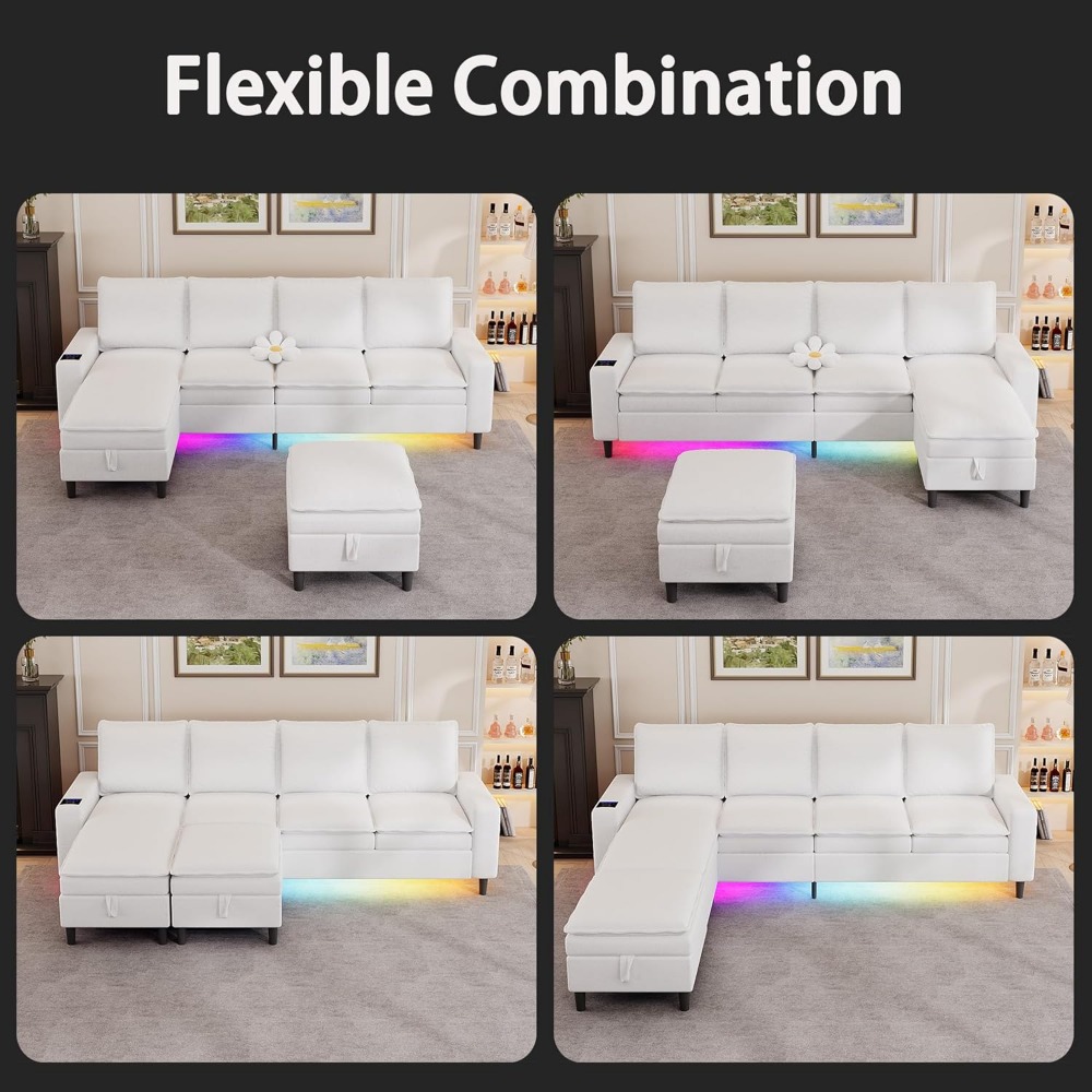 Sectional Couches for Living Room, 4 Seat Sectional Sofa with Double Cushions/Storage Ottoman, Teddy Fleece U Shaped Couch with