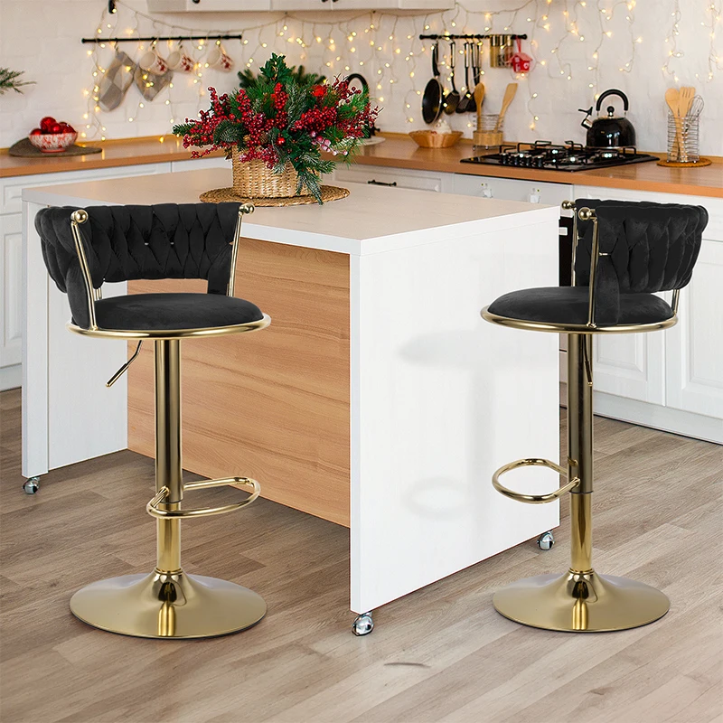 Bar Stools Set of 2, Adjustable Barstools Counter Height Stools with Back and Arm, Velvet Woven Kitchen Island Stools