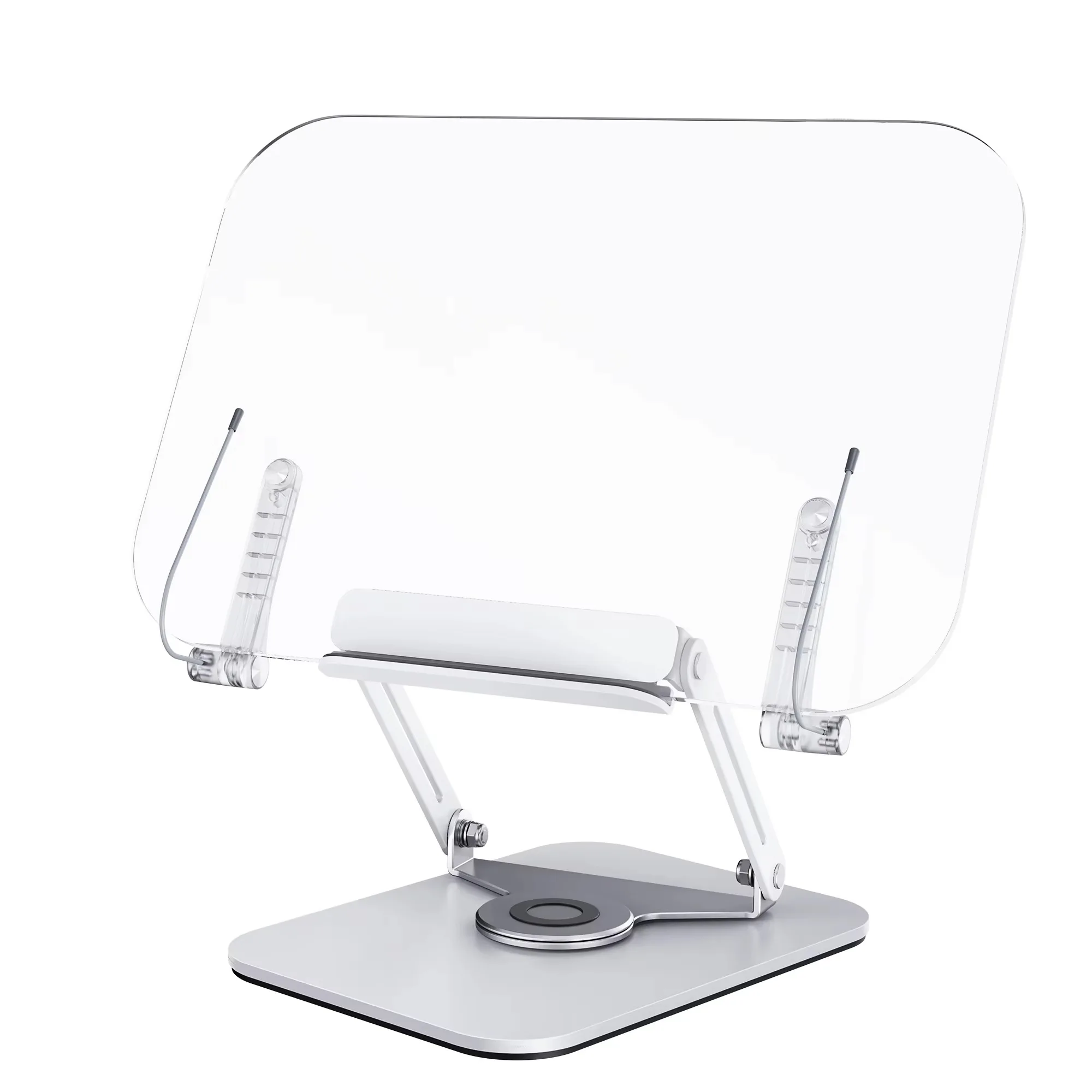 สินค้าใหม่โลหะอลูมิเนียมใสอะคริลิคอ่านหนังสือ 360 หมุนปรับพับ Bookend