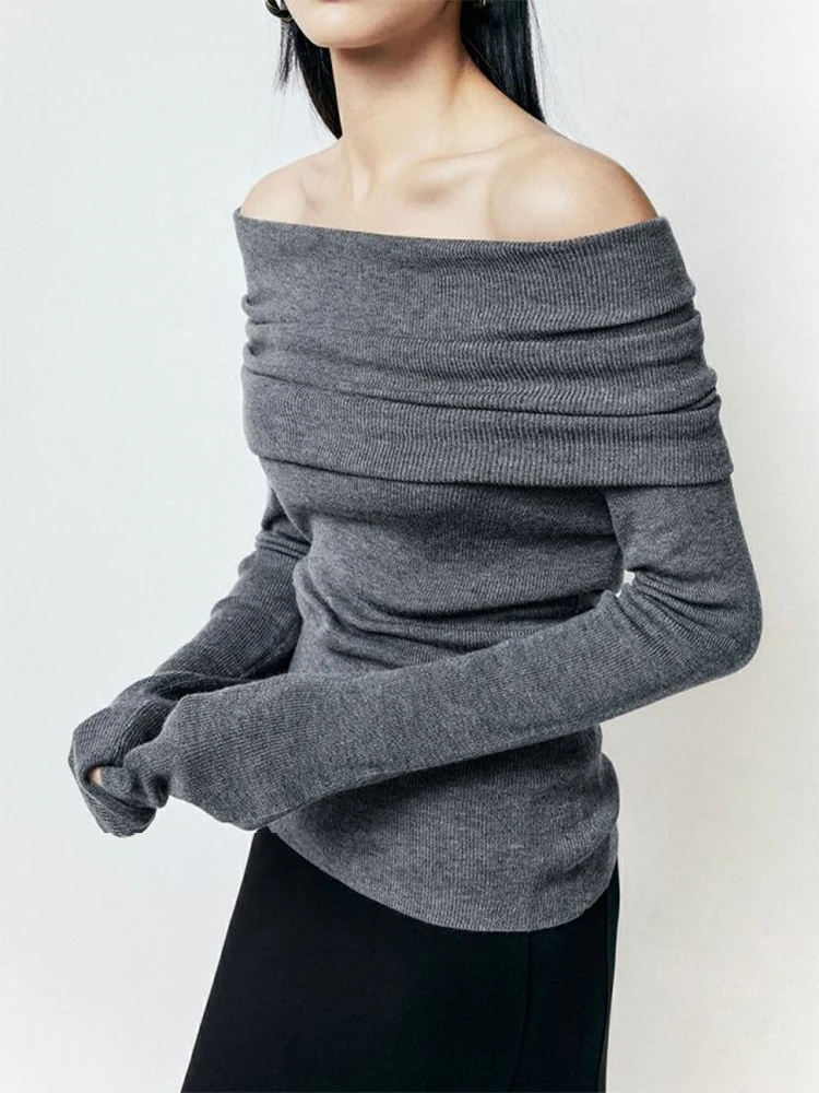 Slashคอเสื้อกันหนาวผู้หญิงเสื้อถักSlim Basic All-Matchเซ็กซี่ปิดไหล่ฤดูใบไม้ร่วงฤดูหนาวแขนยาวPulloversหญิง