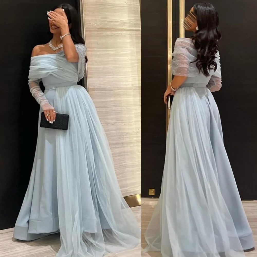 Vestido de noche plisado de Jersey personalizado, corte en A, hombros descubiertos, vestidos largos a medida para ocasiones