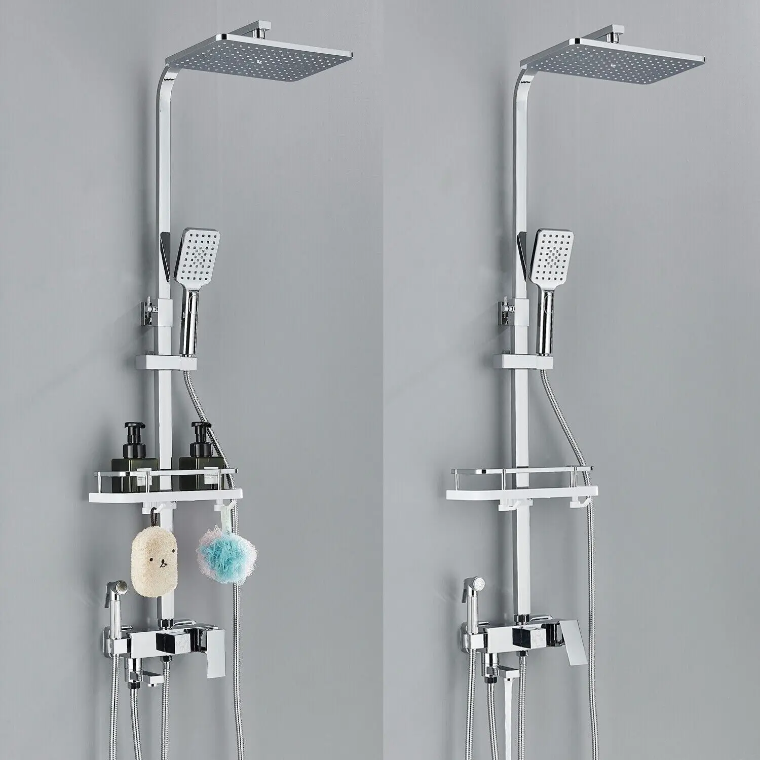 Chrom Messing Dusch armatur Set Regen Badewanne Wasserhahn mit Bad Regal 4 Funktion Höhe einstellen Dusch mischer Kran schnell delivey