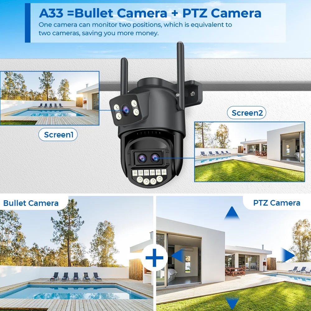 BESDER-cámara Wifi de pantalla Dual de 9MP, PTZ, Zoom Digital 8X, visión nocturna en Color, protección de seguridad exterior, cámara IP CCTV de 8MP iCSee