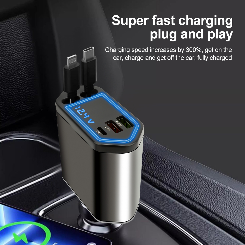 120W autolader 4-in-1 snellaadadapter met intrekbare kabel USB Type C-poorten Telefoonoplader voor IPhone Samsung Huawei