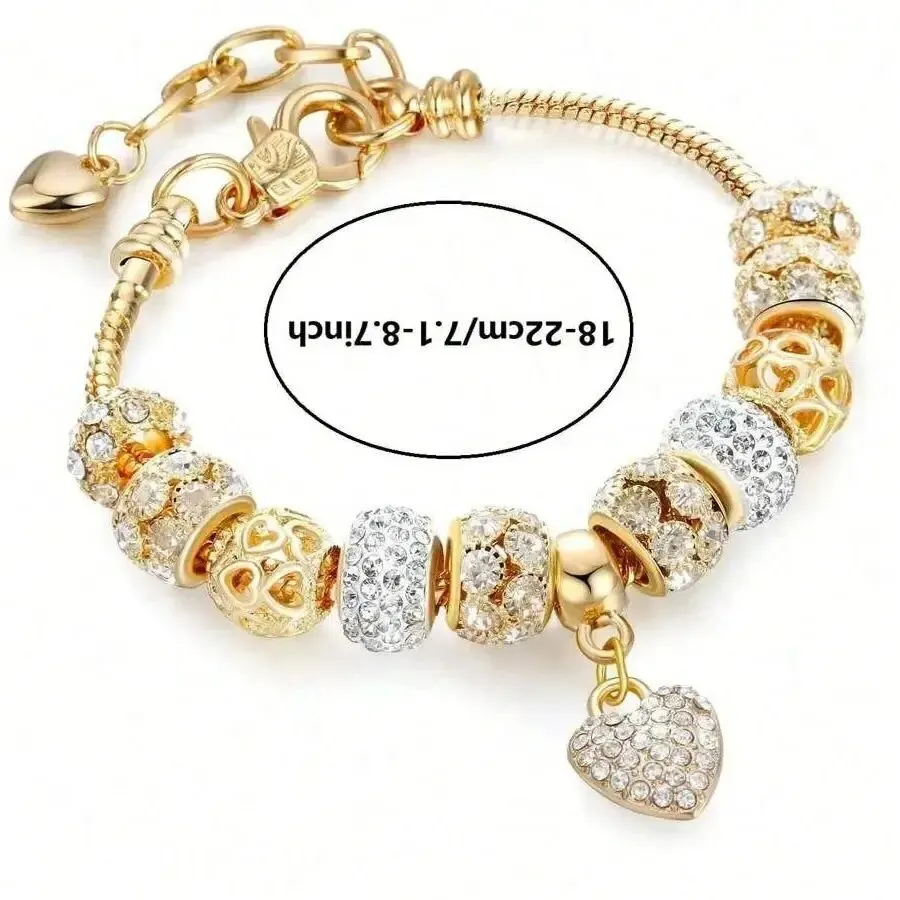Obega Love Heart Flower Pulsera con colgante de cristal Pulsera clásica con cuentas ajustables de piedra de cristal rosa y blanco Color plata y oro