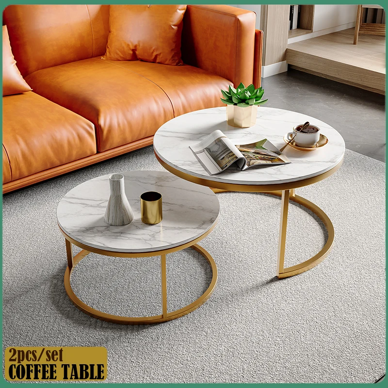 Anajqaqia 2-teiliges modernes Satztisch-Set, Wohnzimmer-Beistelltisch, Beistelltisch, goldenes Metallgestell, Marmorplatte – 80 cm