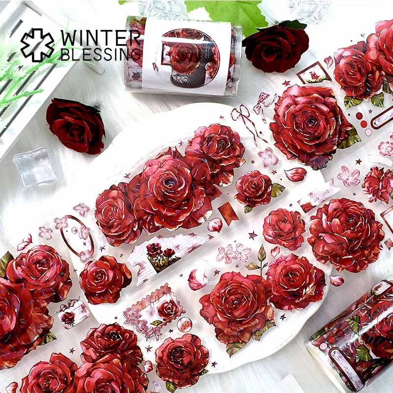 Cinta Washi láser PET de 2m, rollo de pegatina transparente de rosa roja, cinta adhesiva decorativa para álbum de recortes, diario, papelería estética