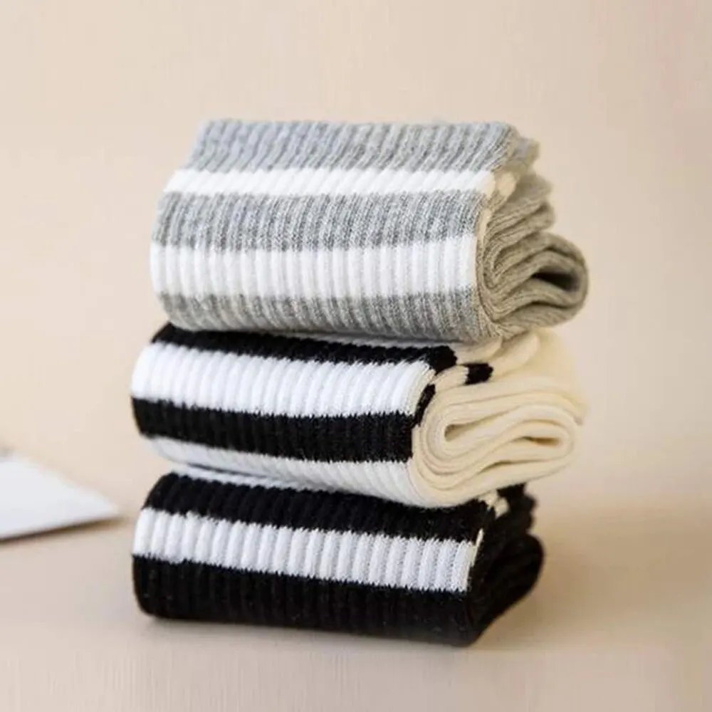 3/6 pares de calcetines de tubo medio para mujer, calcetines deportivos transpirables a la moda, calcetines clásicos con patrón de barra paralela que absorben el sudor, calcetines sin pilling para niña