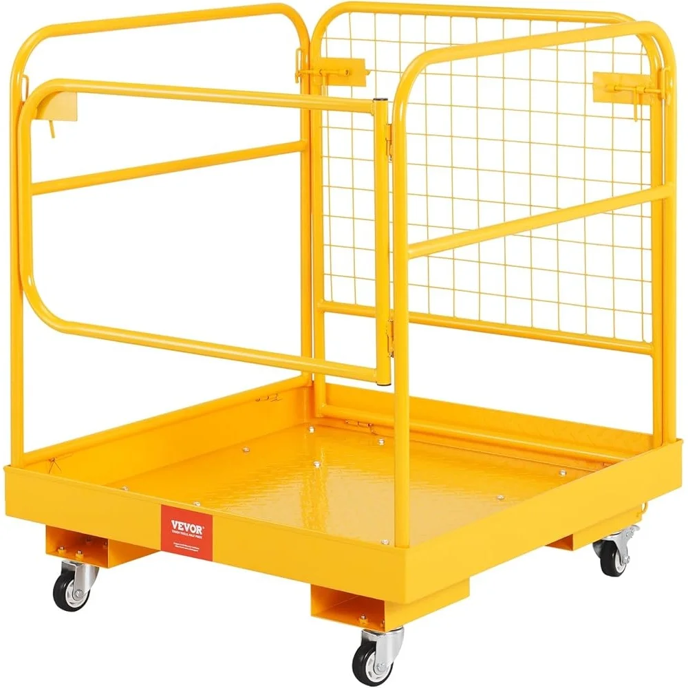 Forklift Safety Cage Foldable Work Platform Heavy Duty 1200 lbs Load Capacity with Lockable Swivel Wheels and Drainage Hole