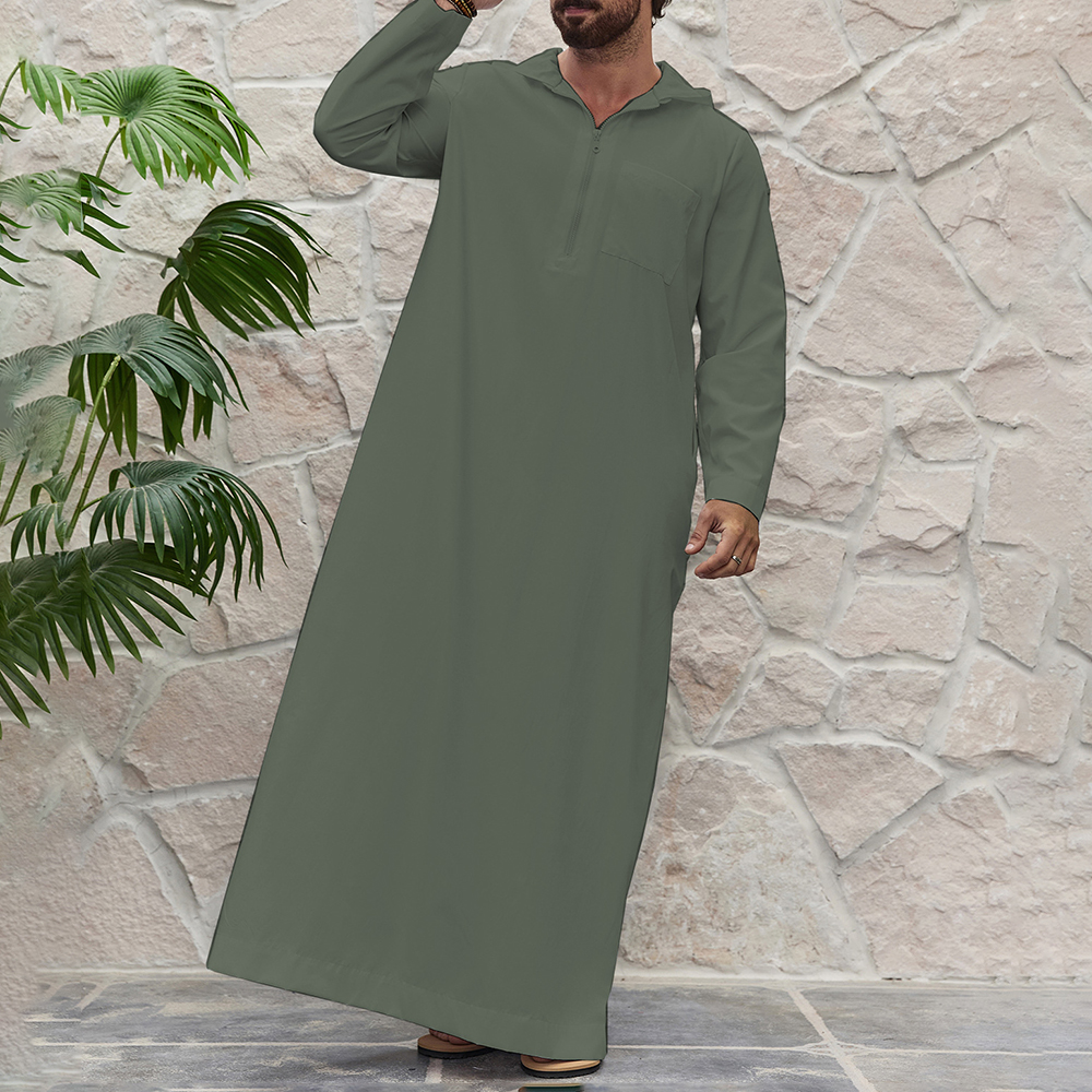 Mens Arab Robe Clothing Large Size Middle East Dubai Turkish Muslim Mens Pocket Solid Color Hat Casual Loose Outer Wear Robe