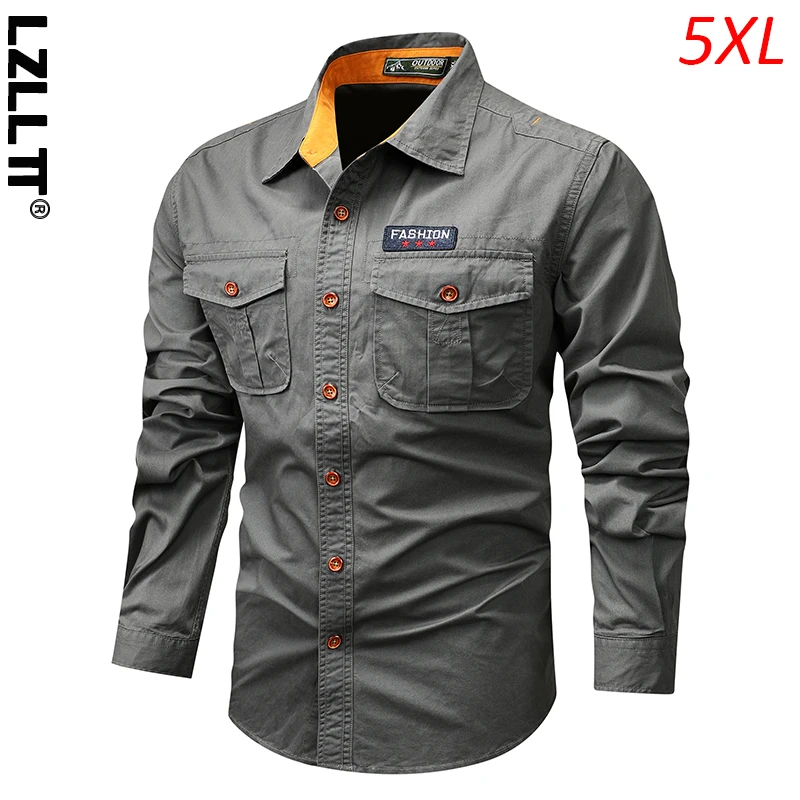 Camisas de manga larga de algodón Cargo para hombre, camisas tácticas militares con solapa informal, blusas para exteriores, polos 5XL, primavera y otoño