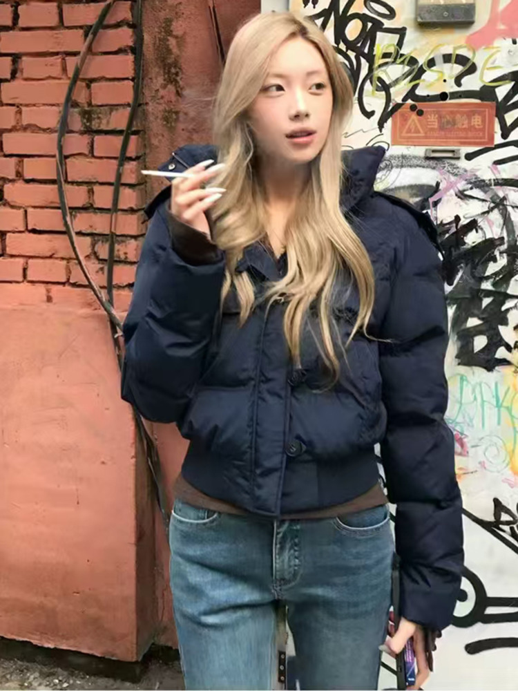 Herfst Winter Bont Capuchon Vrouwen Bovenkleding Dikke Dowon Katoen Gewatteerde Slanke Korte Parka Vrouwelijke Cropped Puffer Bubble Jas