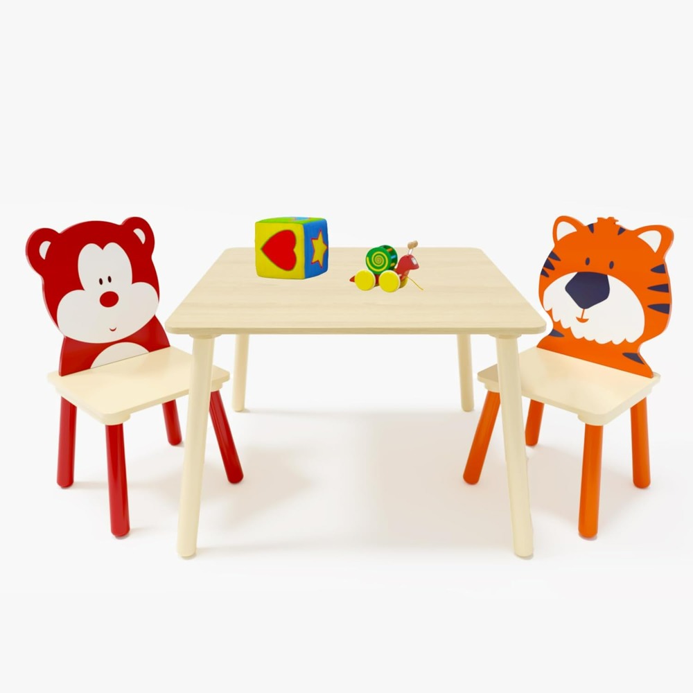 Kids Table and Chair Set, Wooden Toddler Table Set with 2 Chairs, Children Adorably Animal Activity Table for Reading, Drawing