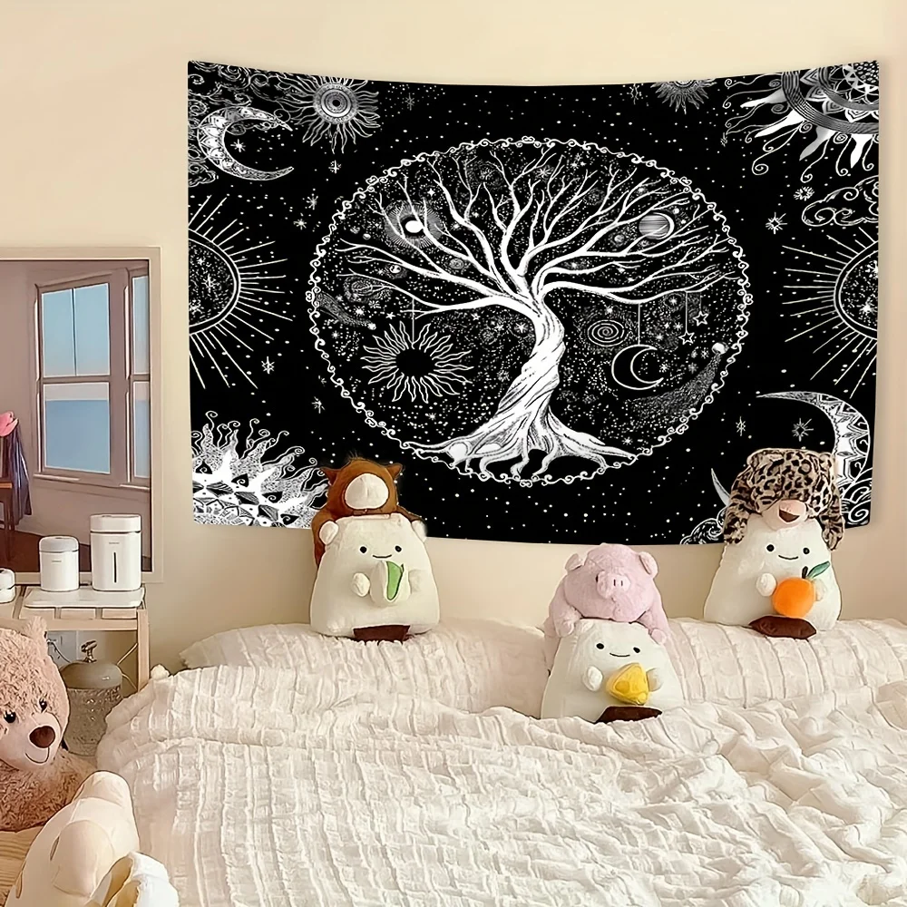A Set Of Black Bohemian Style Tree Of Life Sun And Moon Elements Beautiful Psychedelic Background Decoration Tapestry