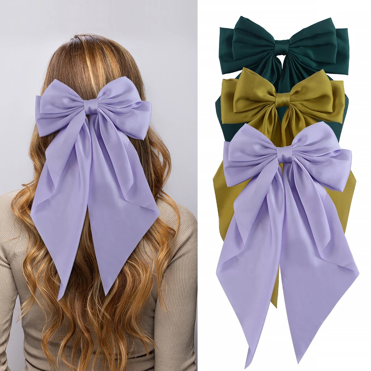 3 pçs grande elegante fita arco grampo de cabelo para mulheres simples cor sólida cetim rabo de cavalo bowknot grampos presilhas acessórios para o cabelo