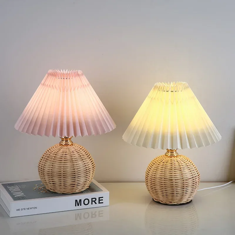 Lámpara de mesa Nordic Ins luces de noche pantalla de tela plisada accesorio de iluminación de ambiente de cabecera