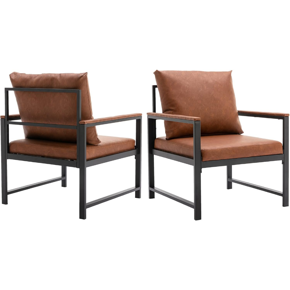 Mid Century Modern Accent Chair with Arms Set of 2, Padded Orange Brown PU Leather Armchair for Office, Bedroom, Living Room