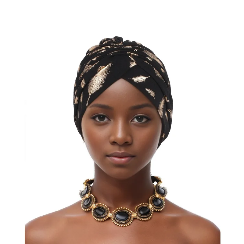 Pena ouro carimbo tecido turbante boné para mulheres africano envoltório cabeça bonnet muçulmano sob cachecol chapéu turbante mujer