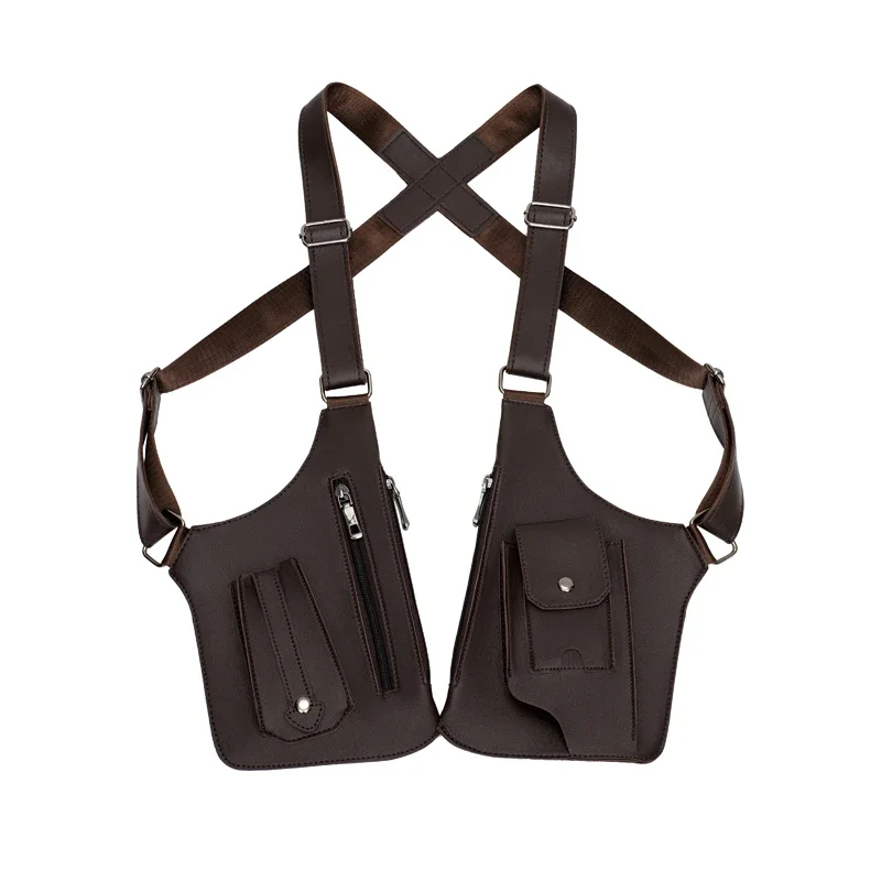 Luxury Design Men's Tactical Vest Bag High Quality PU Leather Man Chest Bag Phone Pouch Vintage Design Underarm Back Pack Bags