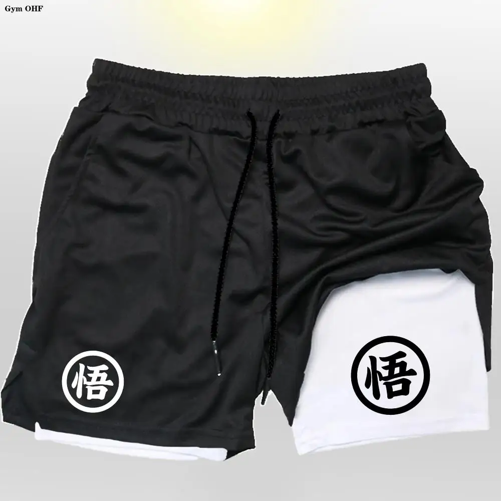Goku อะนิเมะวิ่งกางเกงขาสั้นผู้ชายฟิตเนส GYM การฝึกอบรม 2 ใน 1 กีฬากางเกงขาสั้นด่วนแห้งออกกําลังกาย Jogging Double Deck กางเกงขาสั้น