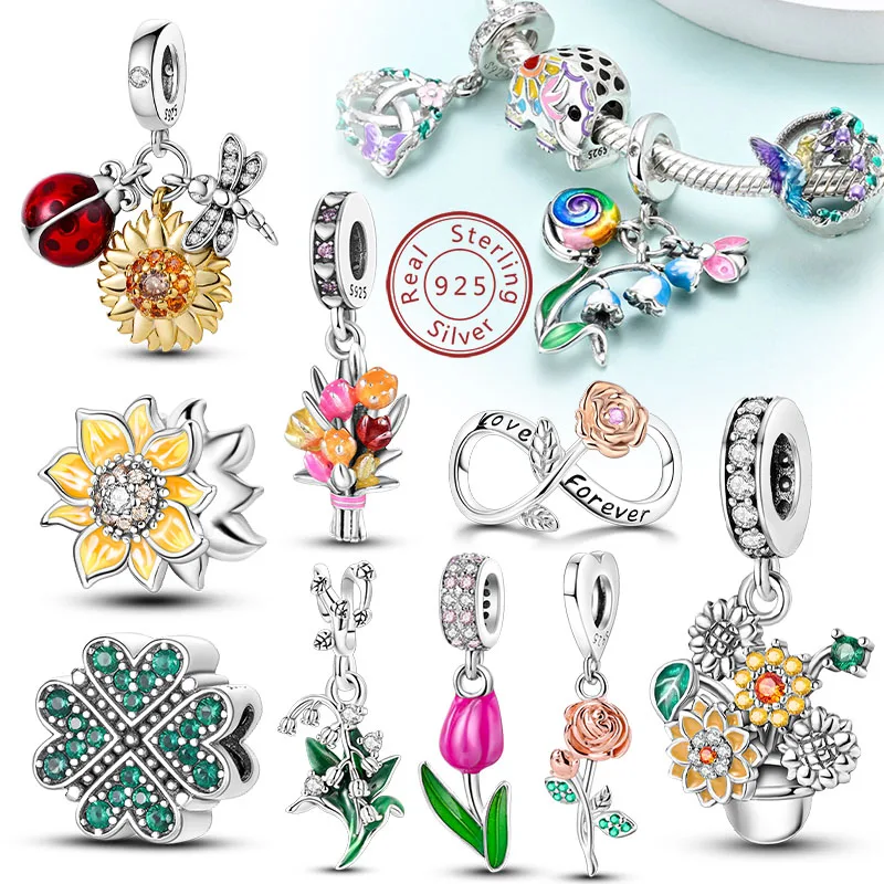 Original 925 Sterling Silber Charm Perlen Klee Sonnenblume Tulpe Nelke Anhänger Für Frauen Schmuck Mode Geschenk