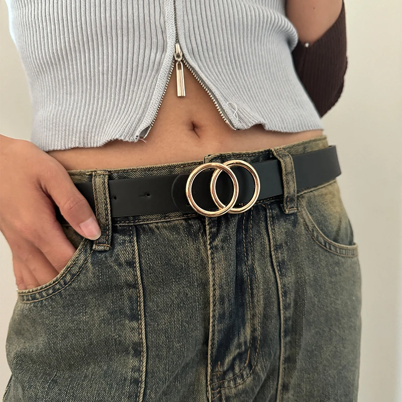 Cinturón de moda para mujer, cinturón de lujo con doble hebilla redonda, cinturón de Pu Simple y versátil para mujer con traje vaquero para negocios diarios