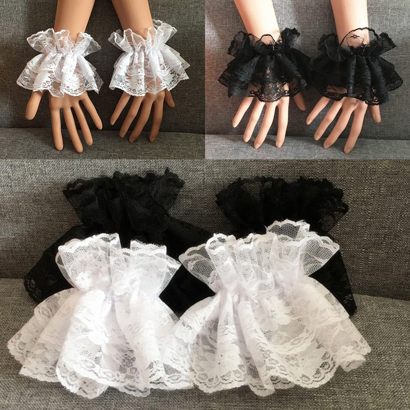 Lolita สั้นถุงมือ Steampunk Lolita มือข้อมือแขนข้อมือ Cuffs Ruffled ลูกไม้ลายดอกสร้อยข้อมือเครื่องประดับผ้า
