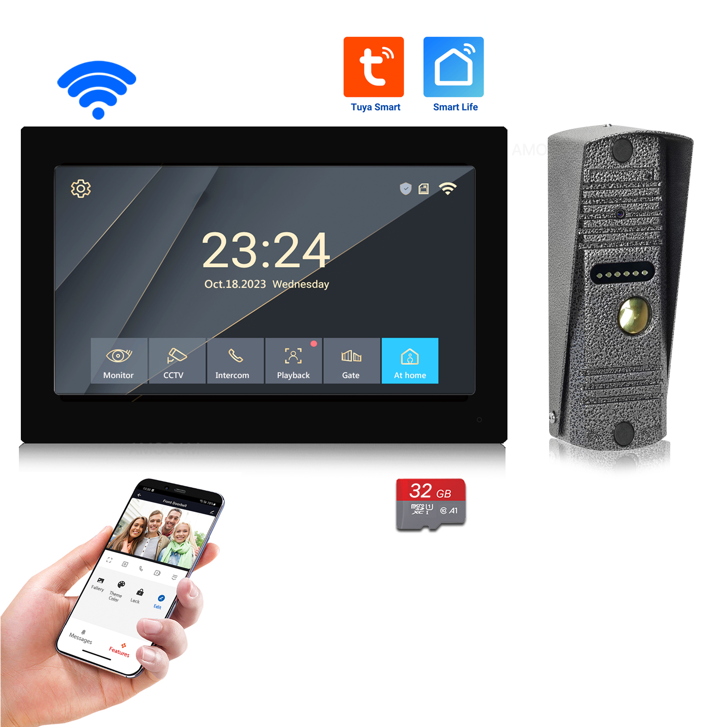 Sistema de vídeo interfone, câmera do telefone campainha, WiFi Touch Monitor, cartão 32G, registro automático, Tuya App, 2 Way Intercom Desbloqueio, 1080P