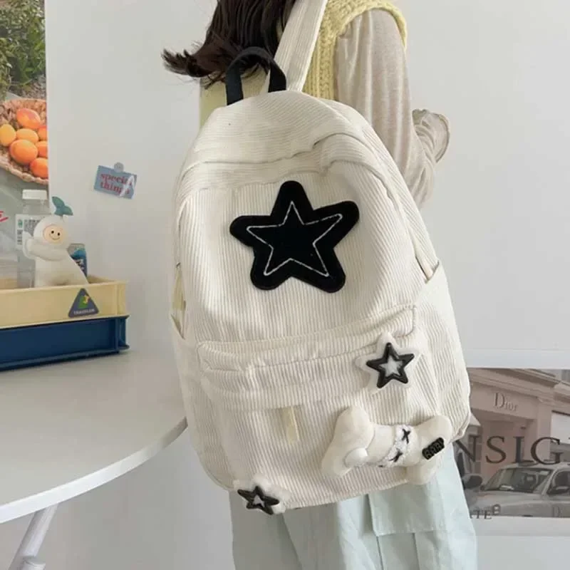 Y2K 걸스 스타 패턴 노트북 배낭 십대 학생 대용량 학교 Bookbag 코듀로이 배낭 더블 스트랩 숄더 백