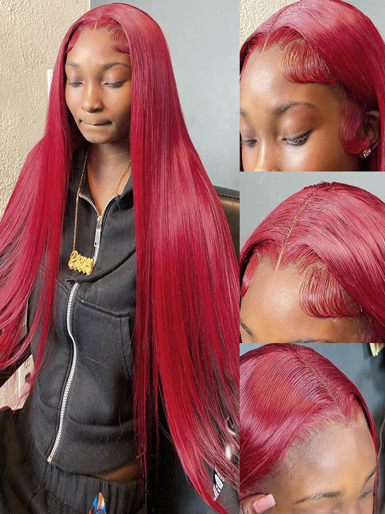 Gerade 13x4 13x6 HD Lace Front Echthaarperücke 99J Rot Burgund Farbige HD Transparent vorgezupfte Lace Frontal Echthaarperücken