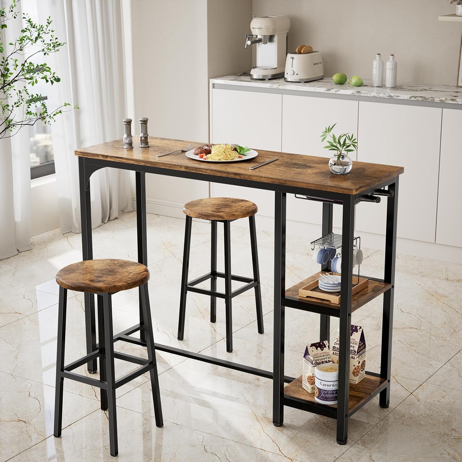 Juego de Mesa de Bar con taburetes para 2 Personas, Juego de Mesa de Pub con 2 estantes y Soporte para Cristal, Juego de Mesa de